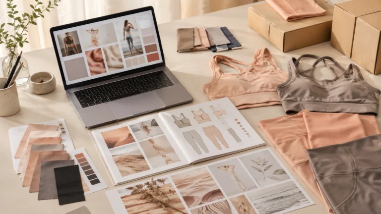 Activewear brand first collection planning workspace with sports bras, leggings, fabric swatches, color cards, laptop, moodboard, and packaging samples