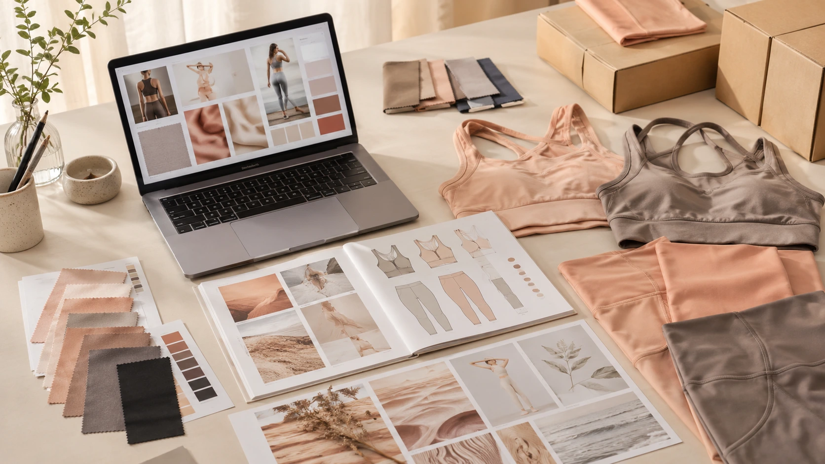 Activewear brand first collection planning workspace with sports bras, leggings, fabric swatches, color cards, laptop, moodboard, and packaging samples