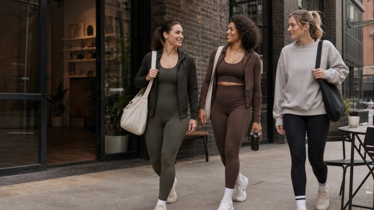 Three adult women wearing stylish minimal activewear across everyday city and studio moments