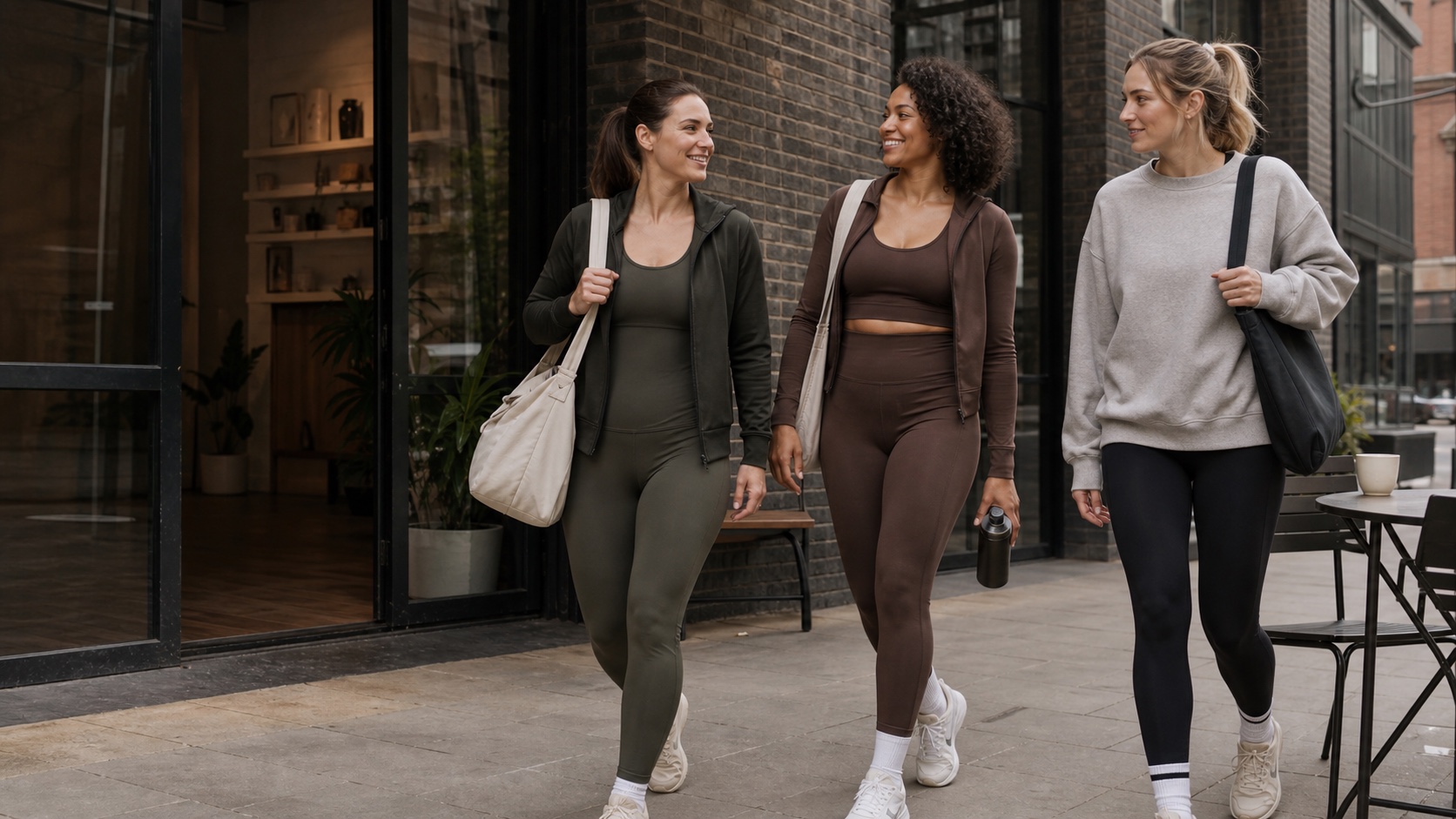 Three adult women wearing stylish minimal activewear across everyday city and studio moments