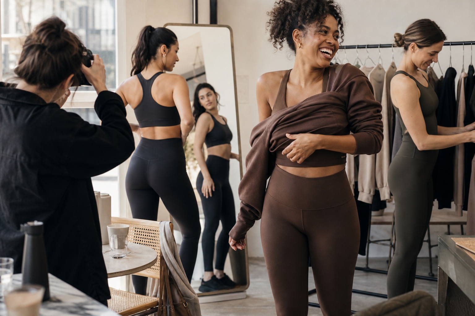 Adult fashion creators and activewear models preparing an everyday styling shoot in a bright studio