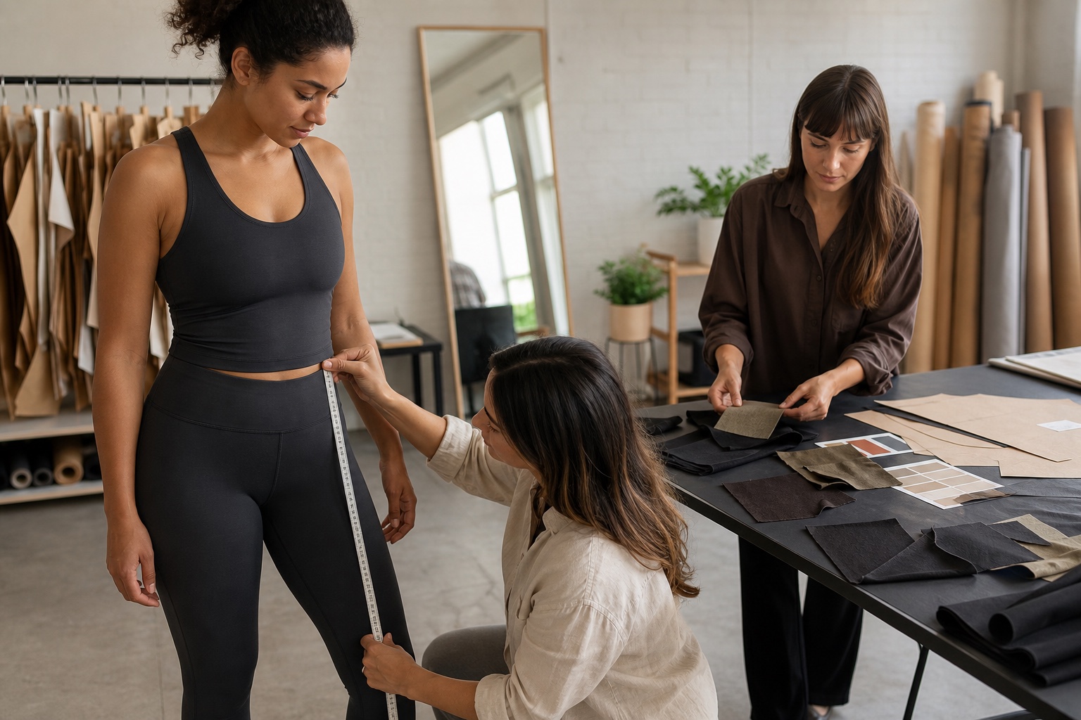 Adult activewear model and product developer reviewing leggings fit, length and fabric swatches in a bright studio