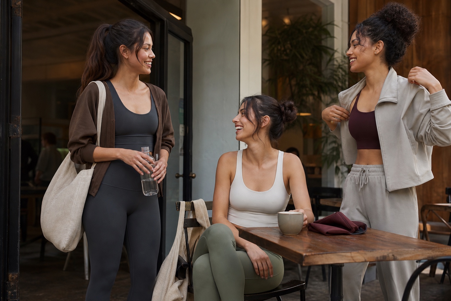 Adult activewear product team reviewing core colours, leggings, sweatshirts and quality samples around a worktable