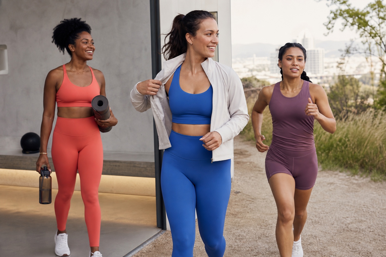Adult women in colourful logo-free activewear moving from a studio workout to an outdoor styling scene with a creator filming