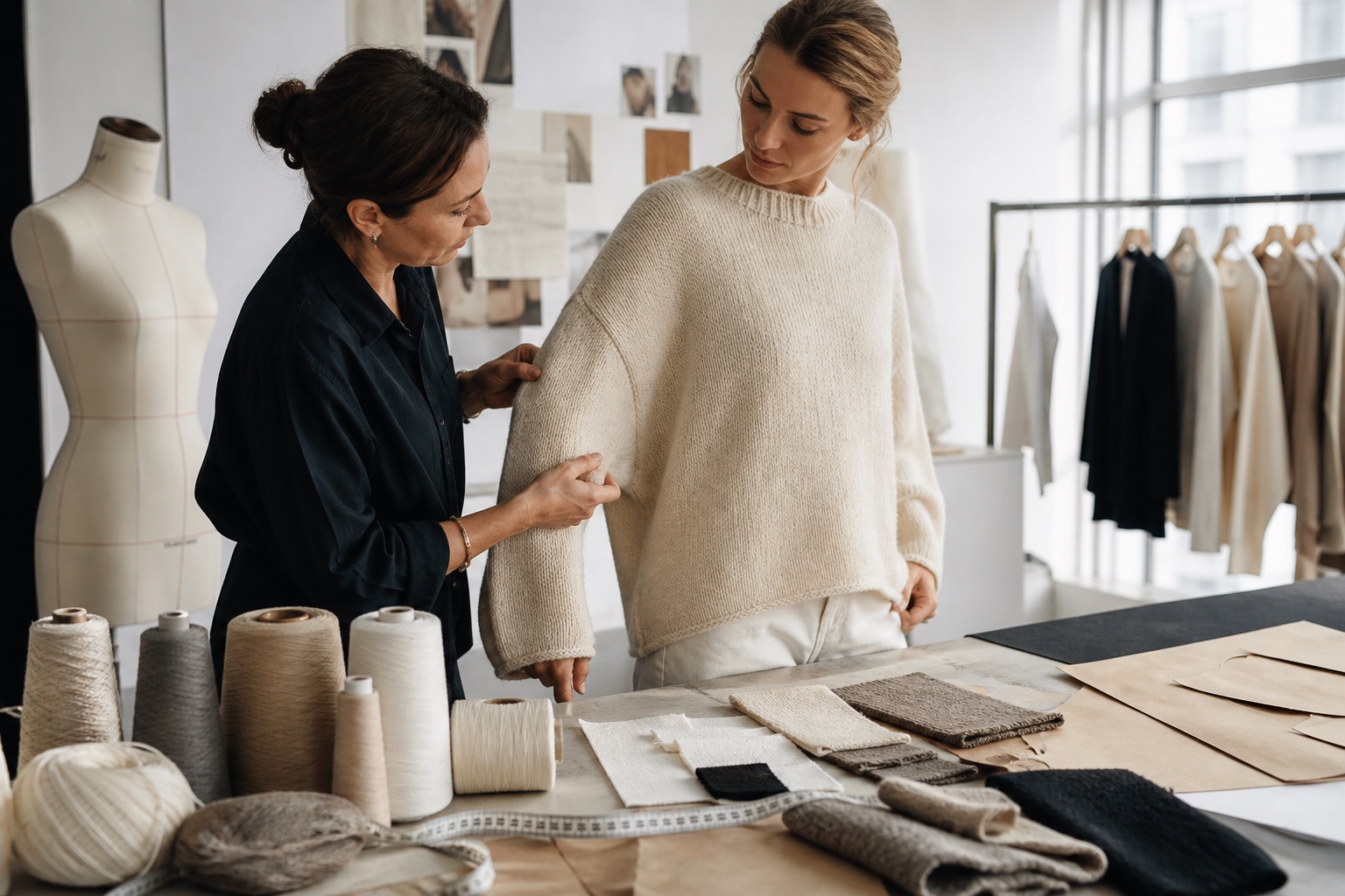 Adult apparel designer and fit model reviewing knit garment construction and fabric swatches in a studio