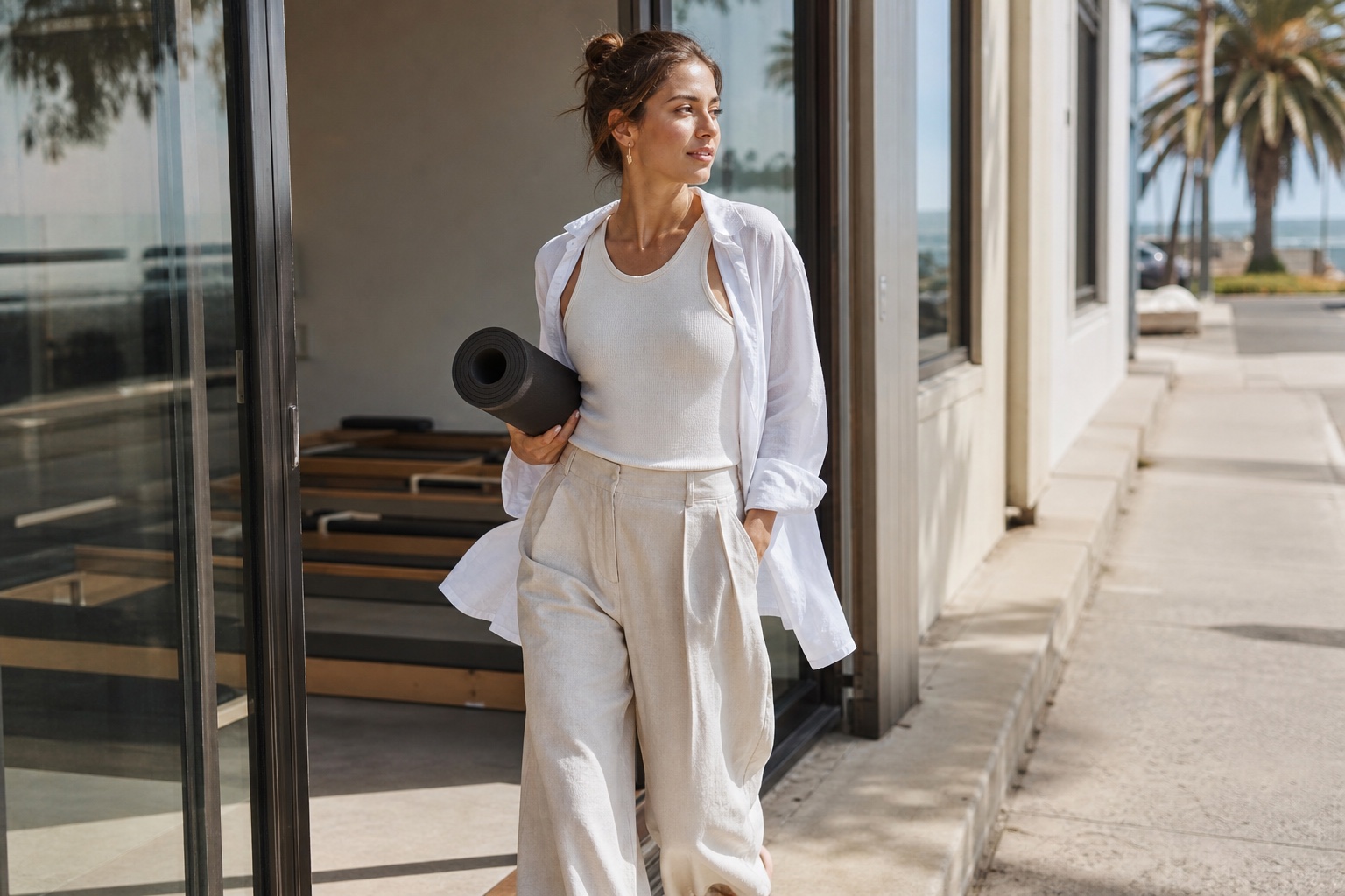Fashionable adult models wearing natural-texture activewear and relaxed everyday layers