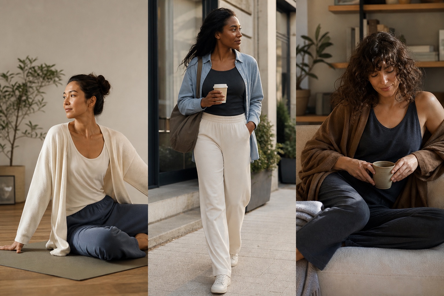 Three fashionable adult women wearing coordinated natural-texture wardrobe looks for movement, travel and everyday life
