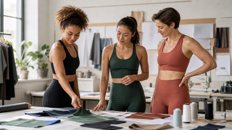 Three adult women examining recycled performance fabrics in a bright activewear design studio