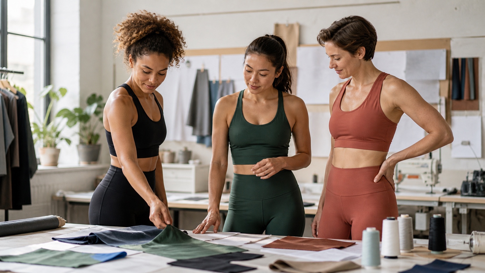 Three adult women examining recycled performance fabrics in a bright activewear design studio