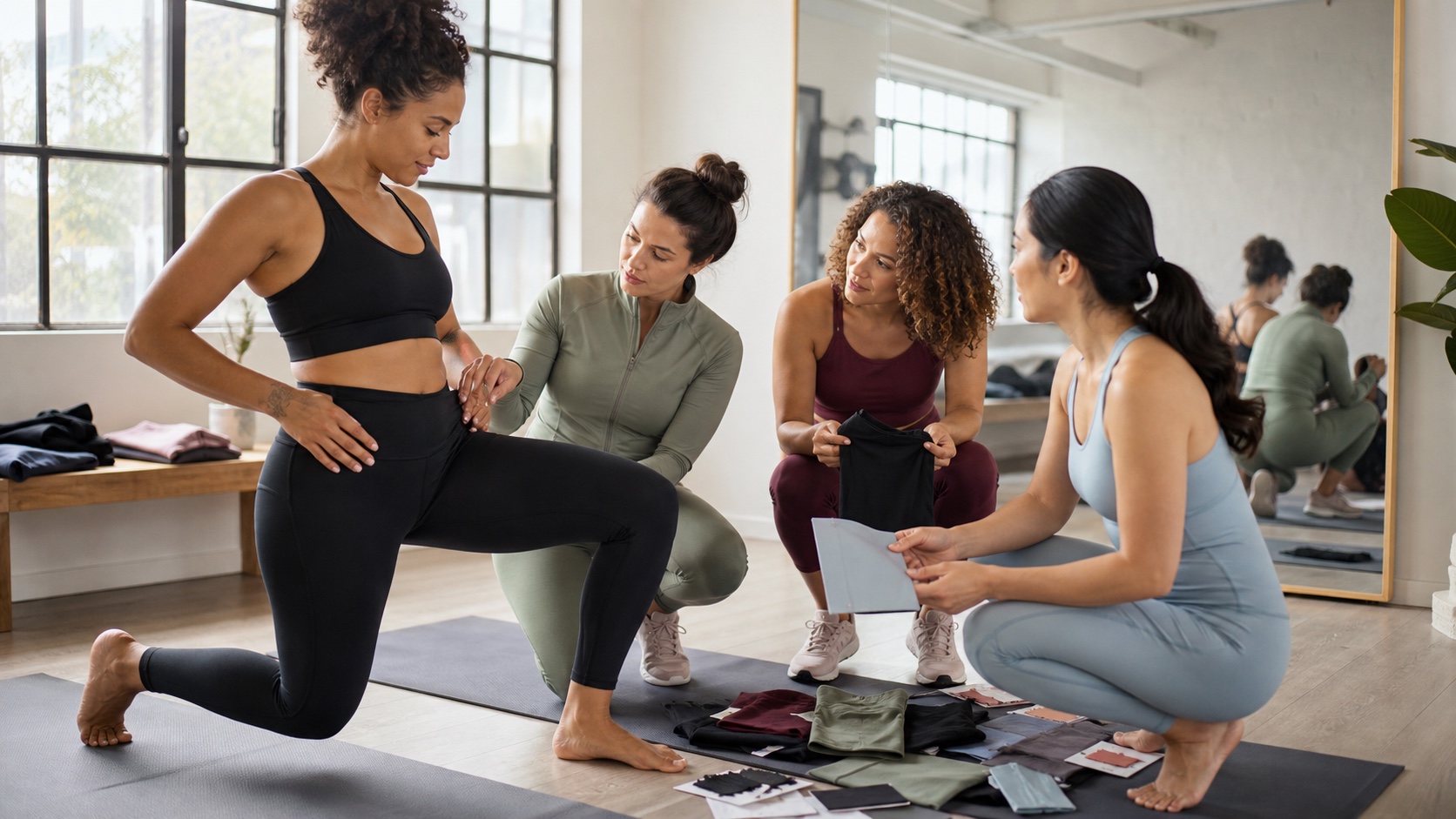 Adult activewear product team testing stretch, fit, seams and recycled fabric samples on a model