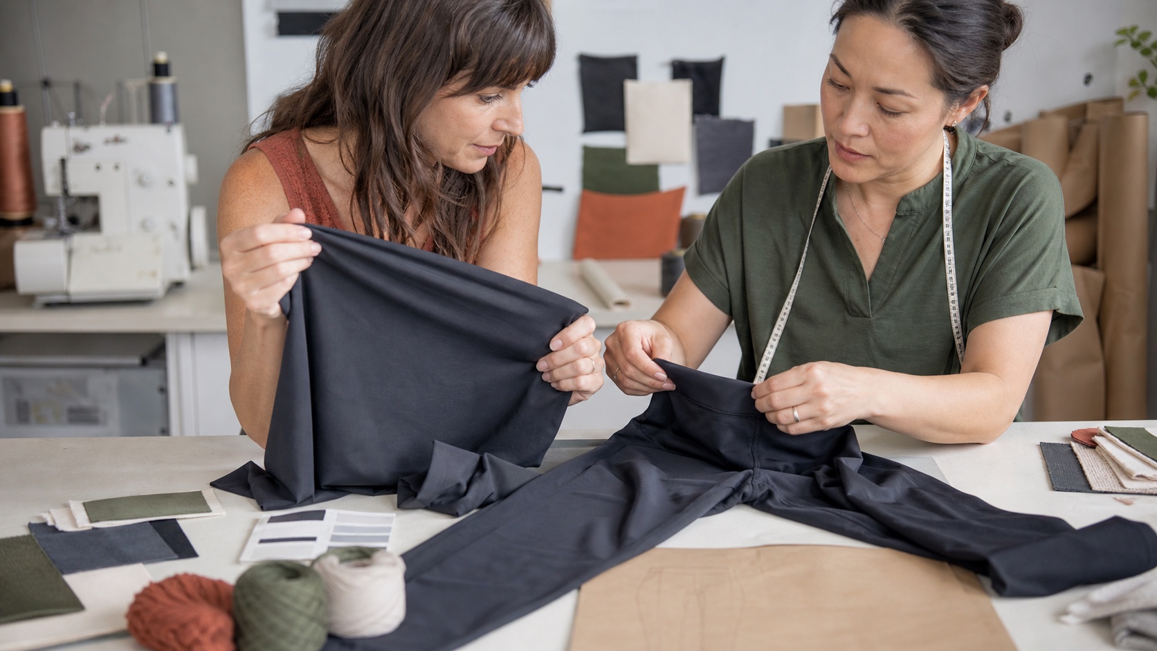 Adult activewear model examining recycled performance fabric swatches and a finished legging in a bright studio