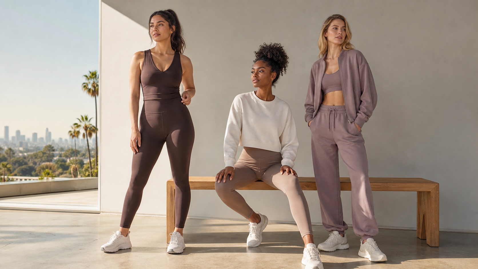 Three fashionable adult models wearing logo-free activewear essentials and relaxed layers
