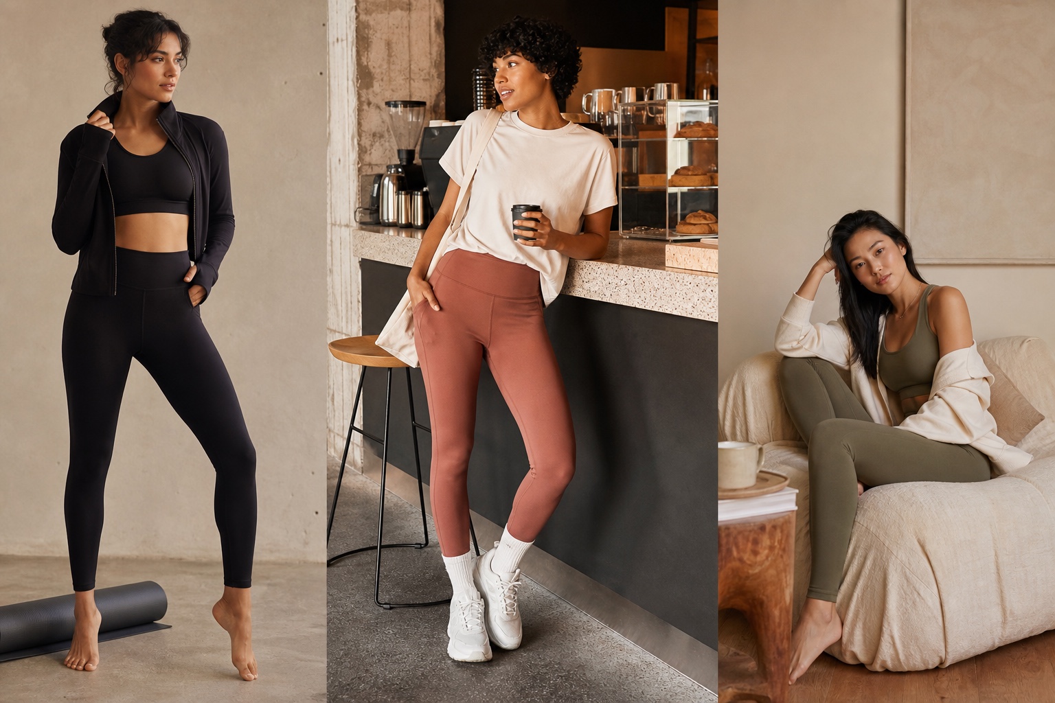 Three fashionable adult women wearing coordinated activewear looks for studio, street and rest-day styling