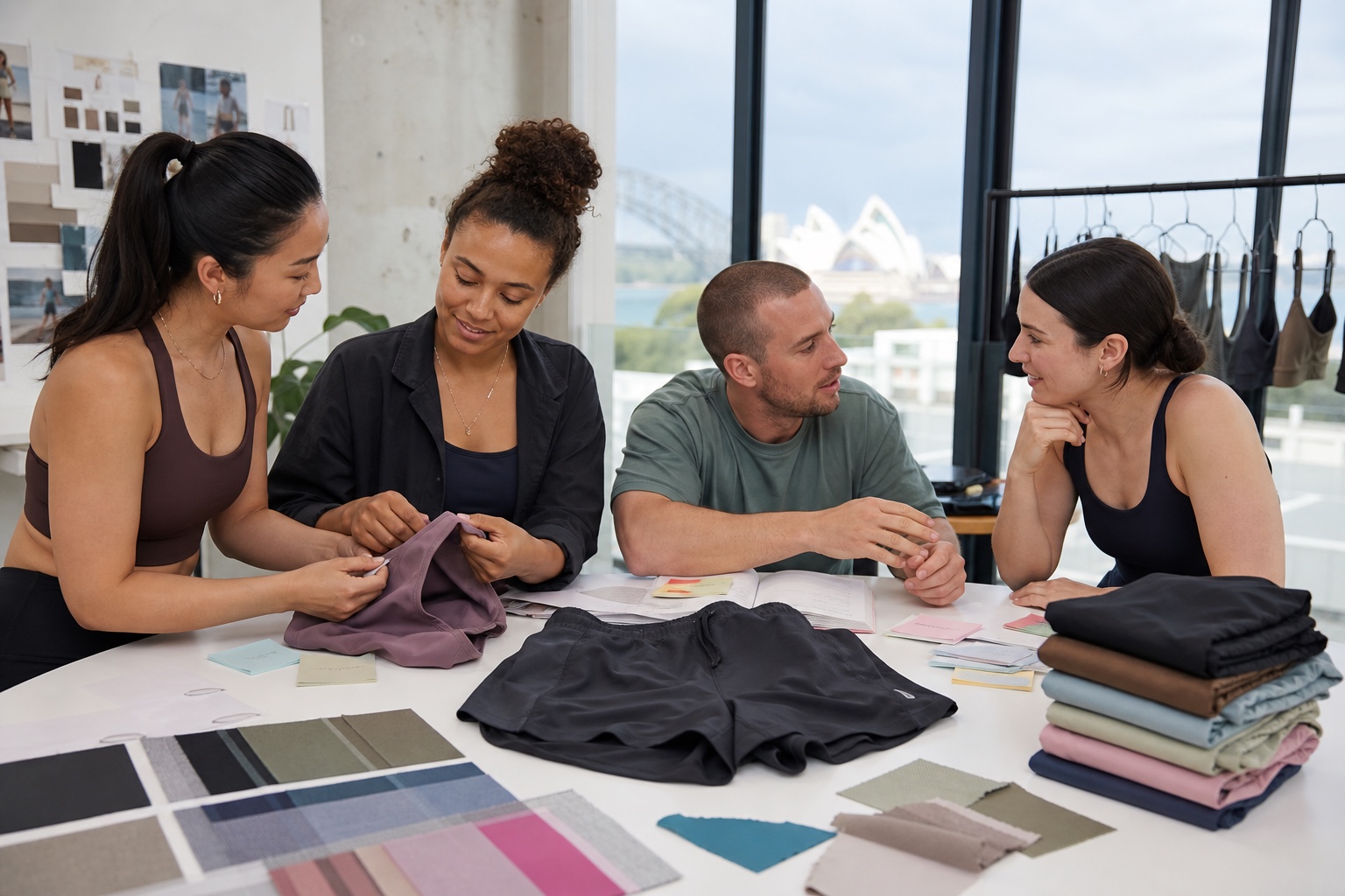 Adult diverse women testing logo-free activewear through running, studio movement and everyday layering while a product team observes