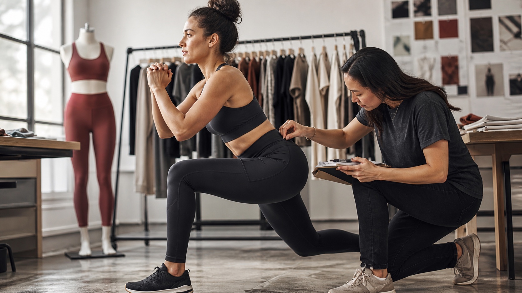 Adult women reviewing strength-training activewear fit and movement details in a bright product studio