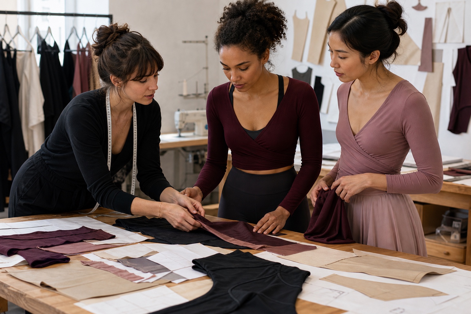 Adult fashion models practicing graceful movement in ballet-inspired activewear in a bright studio
