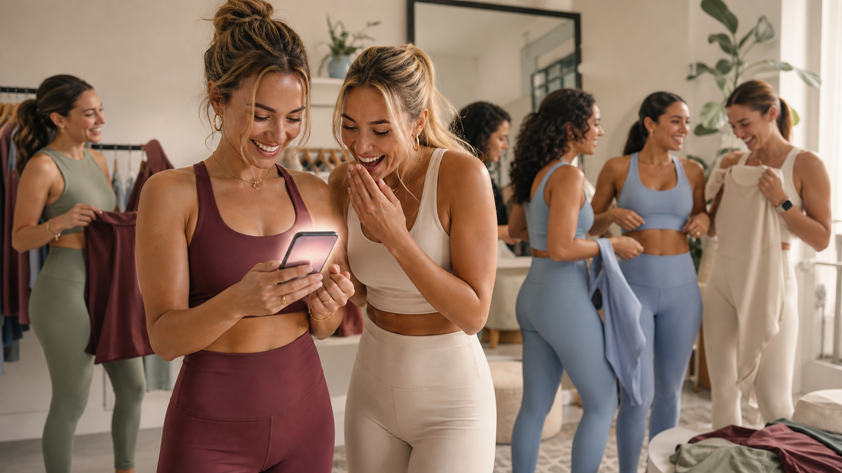 Women in coordinated activewear reacting to a new collection launch in a boutique setting