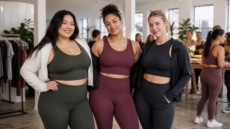 Diverse adult women wearing stylish activewear at a welcoming community launch