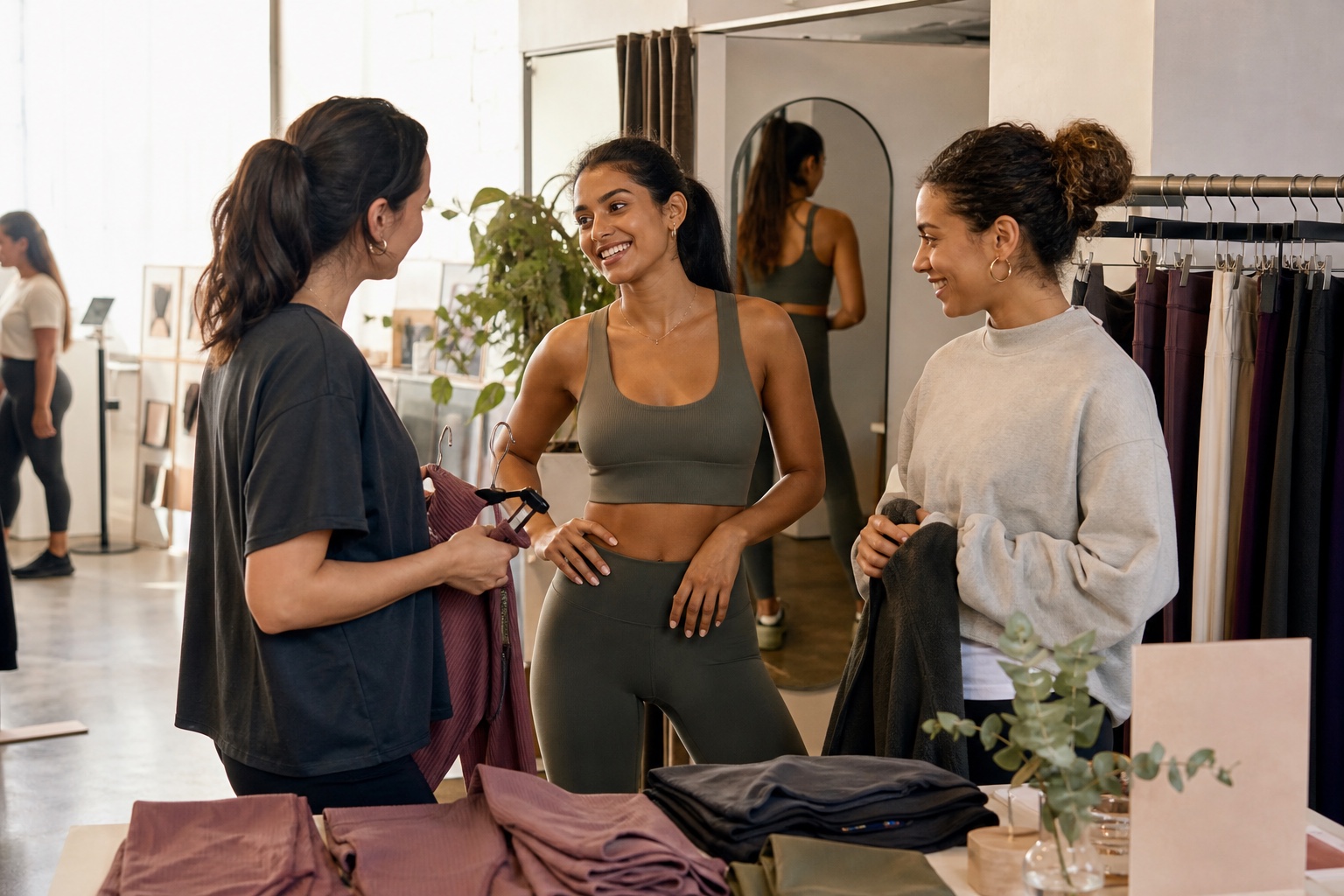 Fashionable adult women in activewear at a community launch event with racks and fitting space