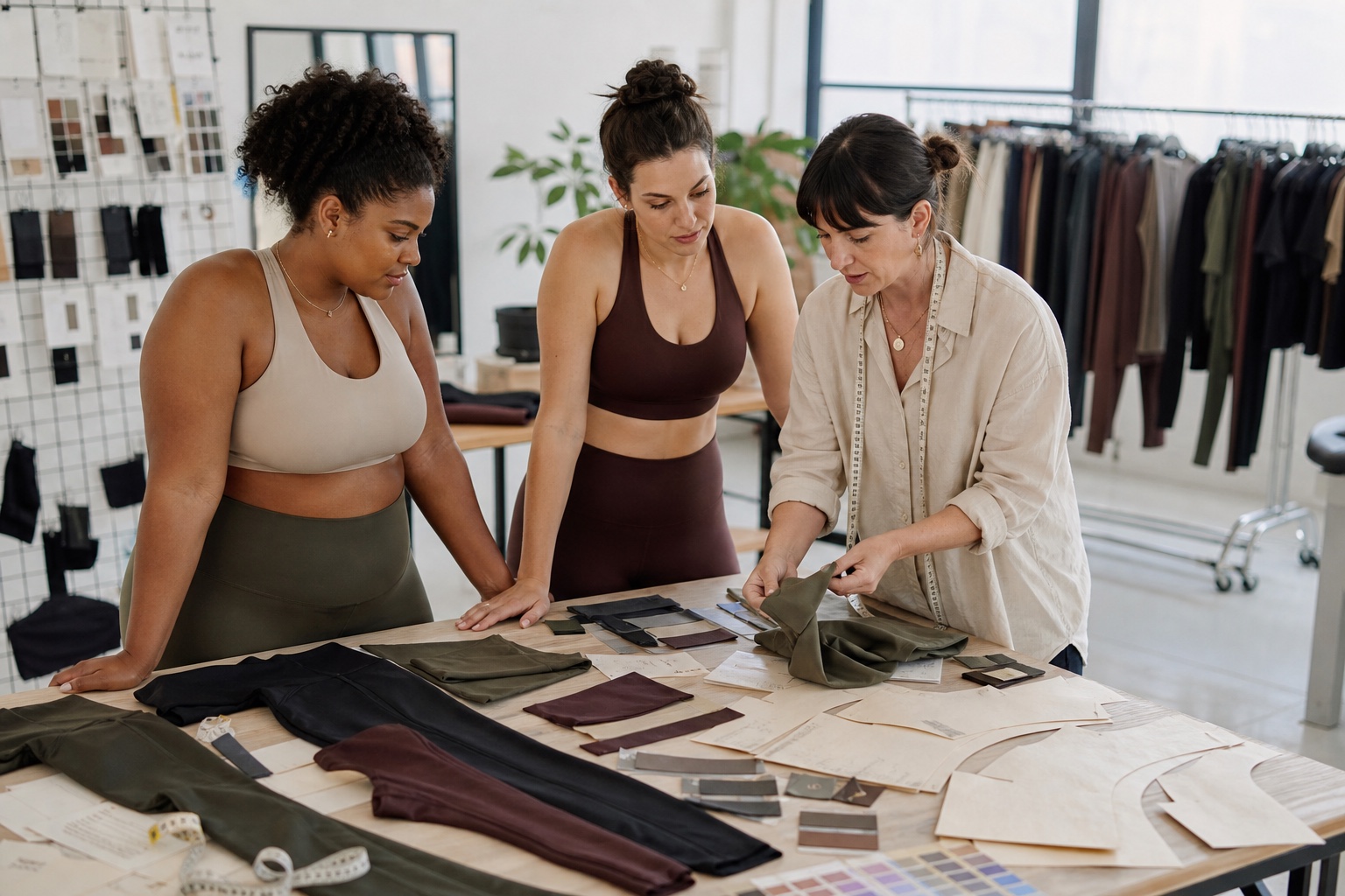 Diverse adult models reviewing activewear fit, fabrics and size-range development in a studio