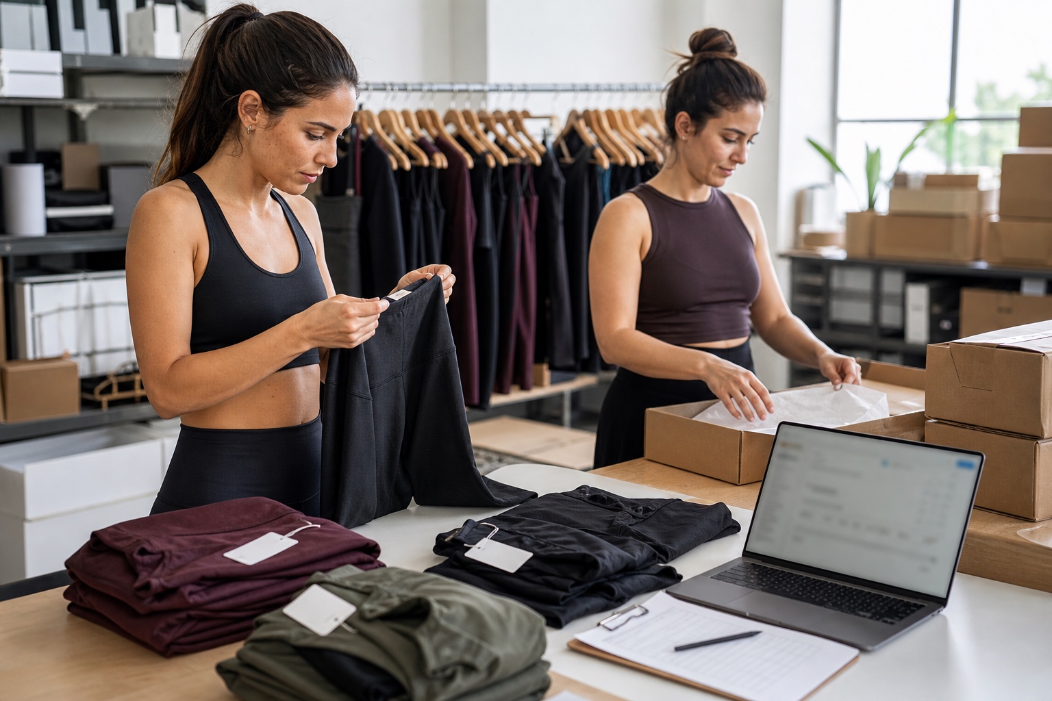 Activewear founder reviewing size curves, fabric swatches, production samples and an online launch plan