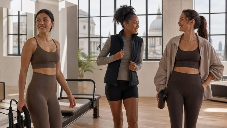 Three adult women in contemporary logo-free activewear in a bright London studio