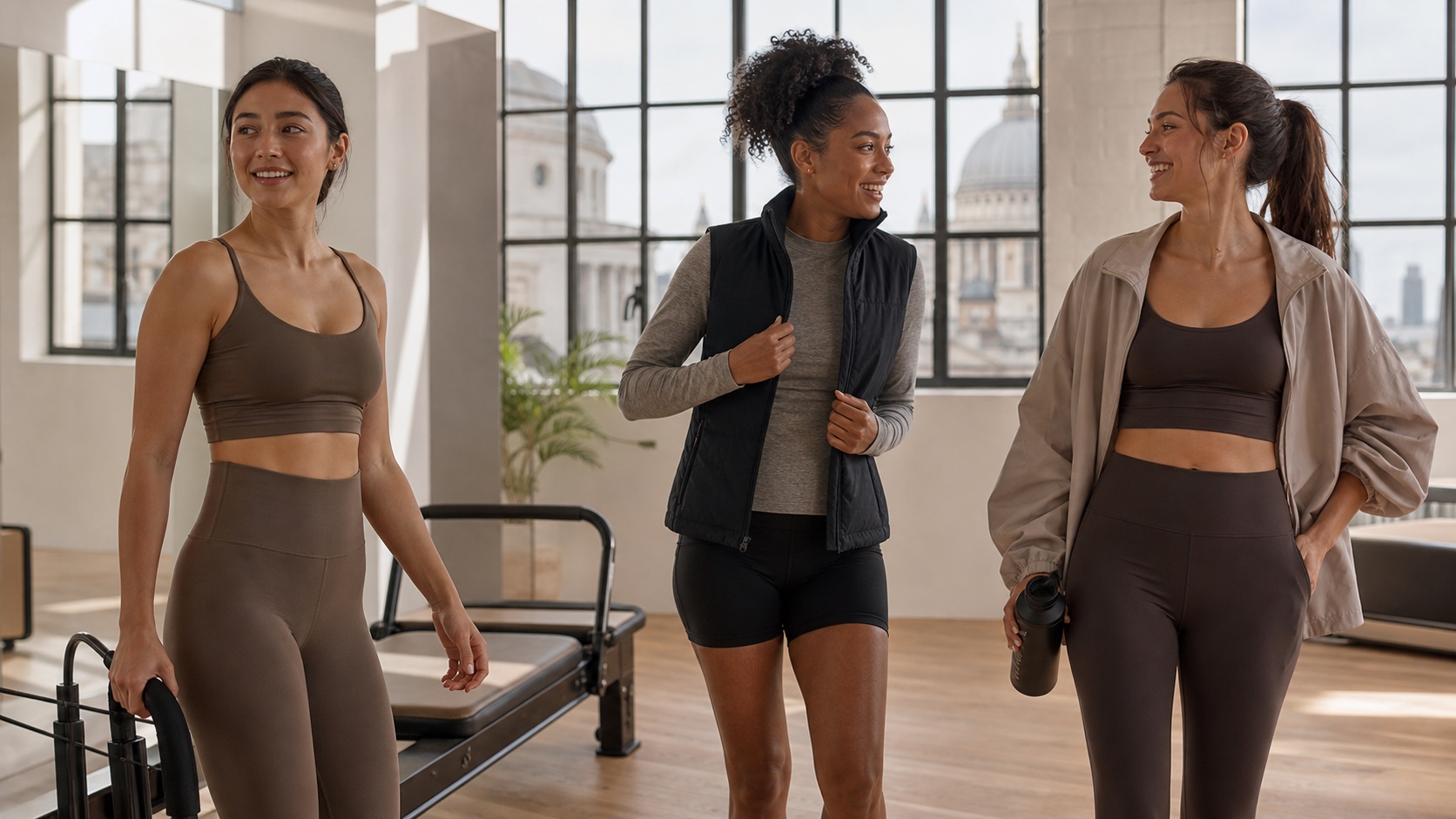 Three adult women in contemporary logo-free activewear in a bright London studio