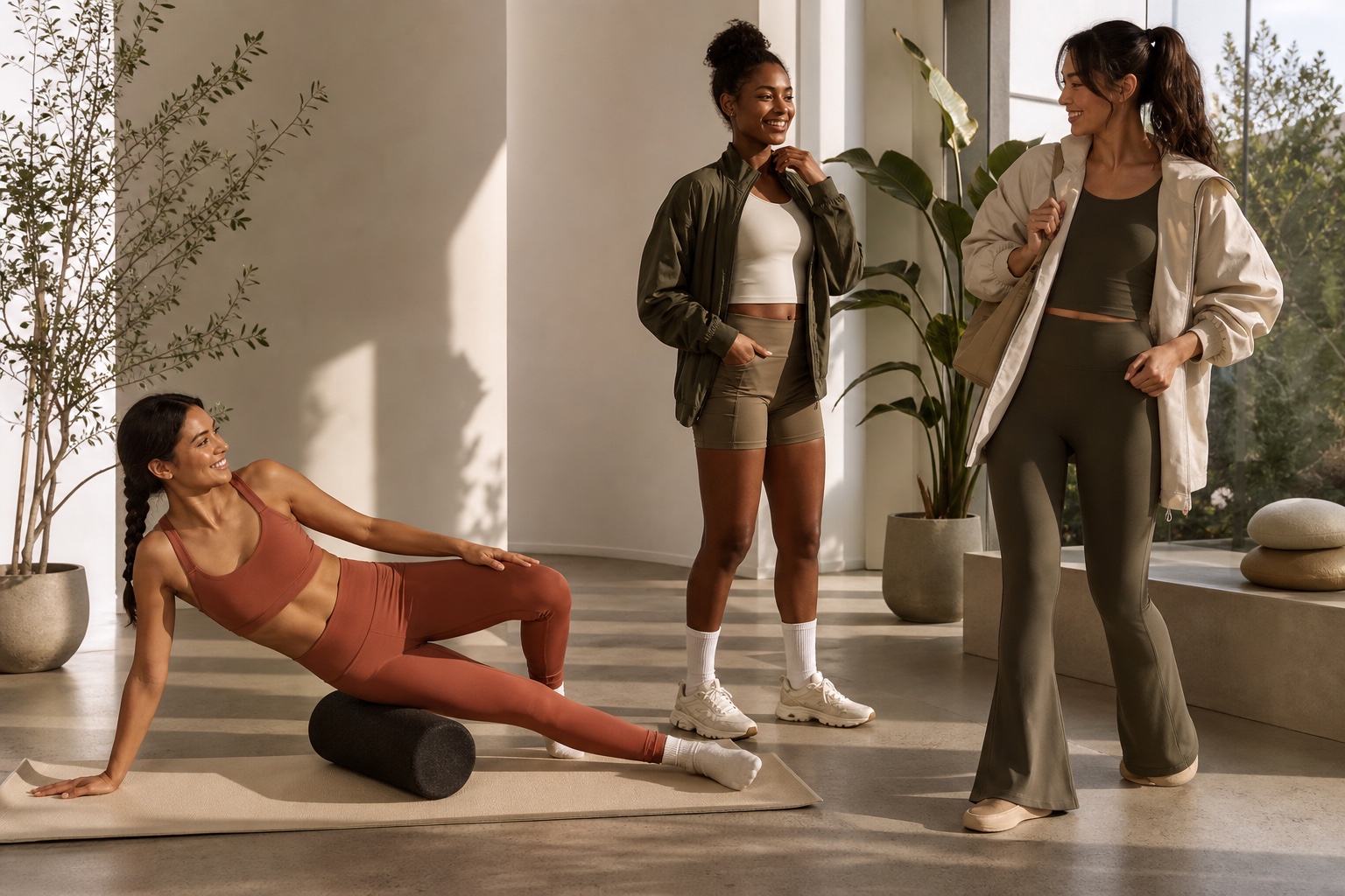 Adult activewear models and creator preparing low-impact movement and studio-to-street content in a bright space