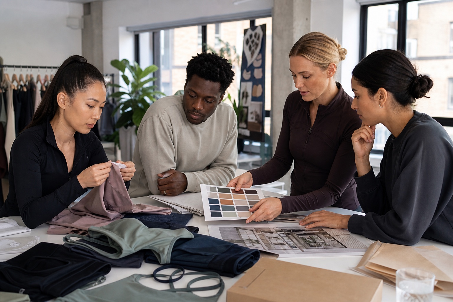 Adult activewear operations team reviewing fabric colours, garment samples and wholesale stock planning around a worktable