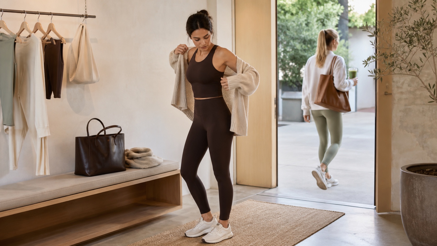 Adult woman styling a refined activewear set with knitwear and outerwear in a contemporary wardrobe studio