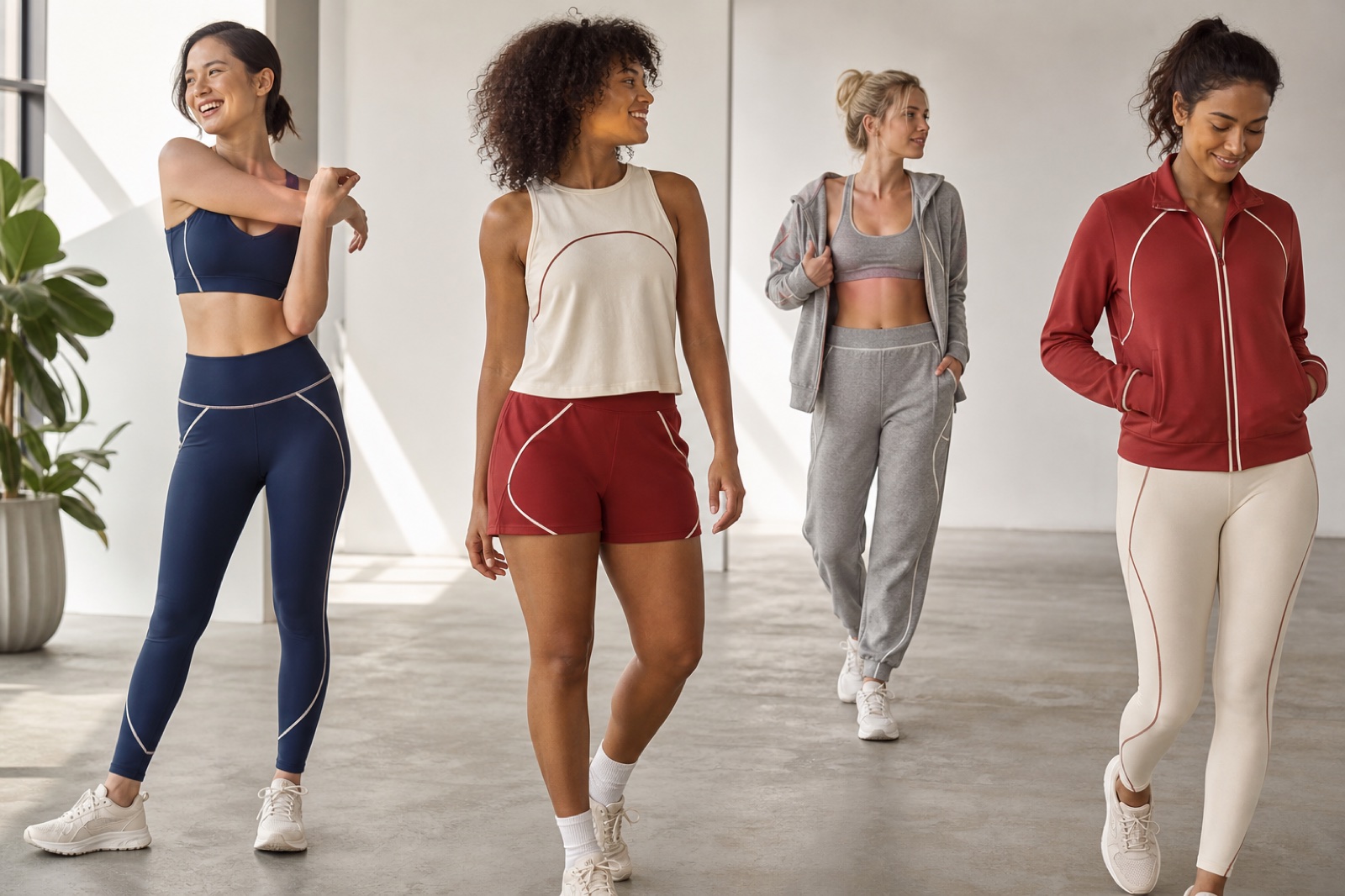 Four fashion activewear looks sharing one coherent piping and curved-line design language