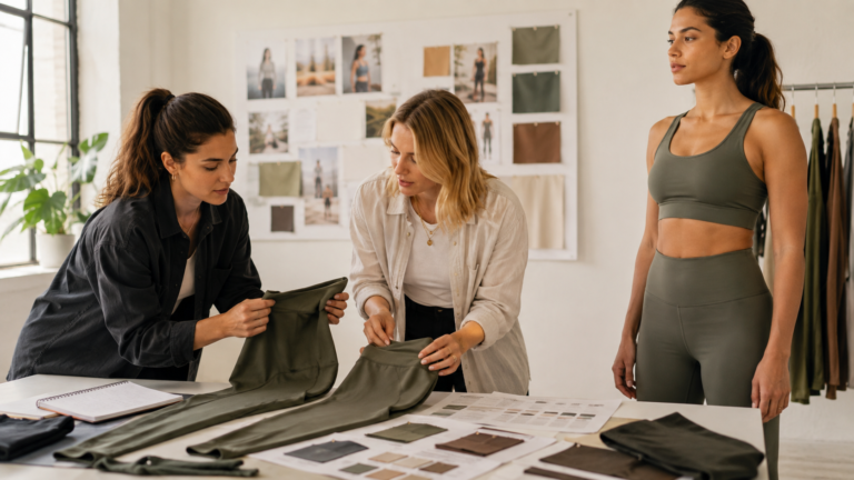 Founder comparing ready-to-custom and custom activewear development options with a product developer