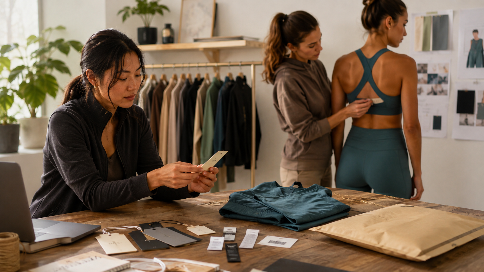 Activewear labels and packaging reviewed with garment tags, care labels, and a mailer