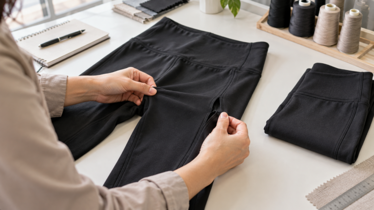 Activewear seam inspection showing a failed seam beside an intact seam
