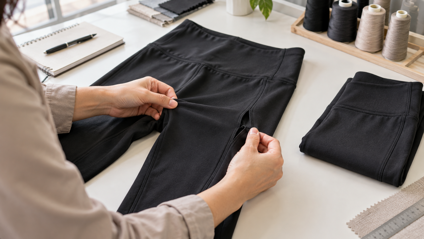 Activewear seam inspection showing a failed seam beside an intact seam