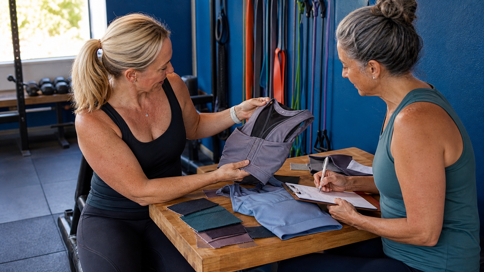 Mature activewear customer and product developer reviewing support-tank prototypes and fit notes