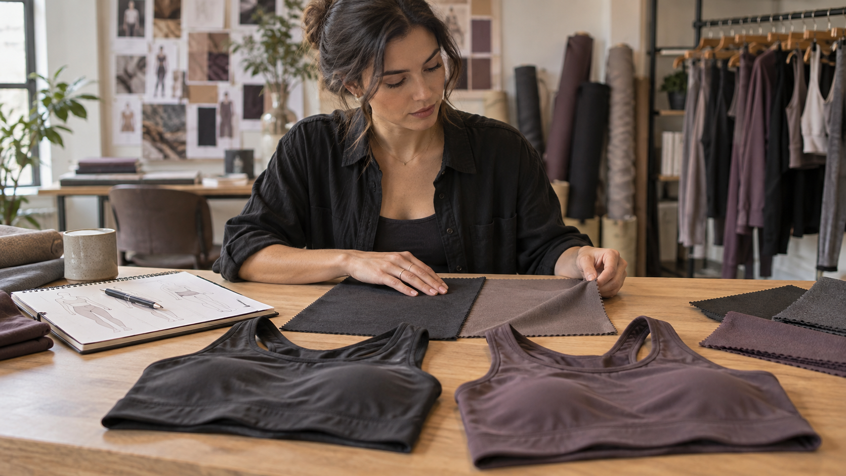 Designer comparing bulk activewear fabric with an approved sample