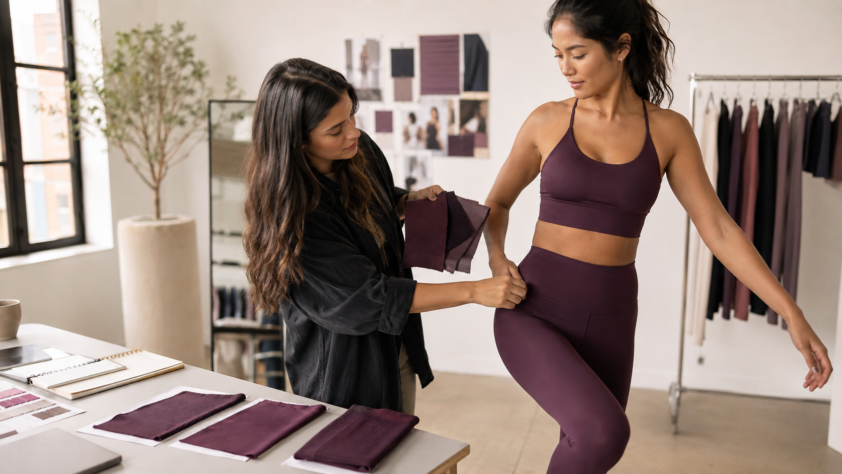 Choose activewear fabric and fit by comparing swatches during an activewear fitting session