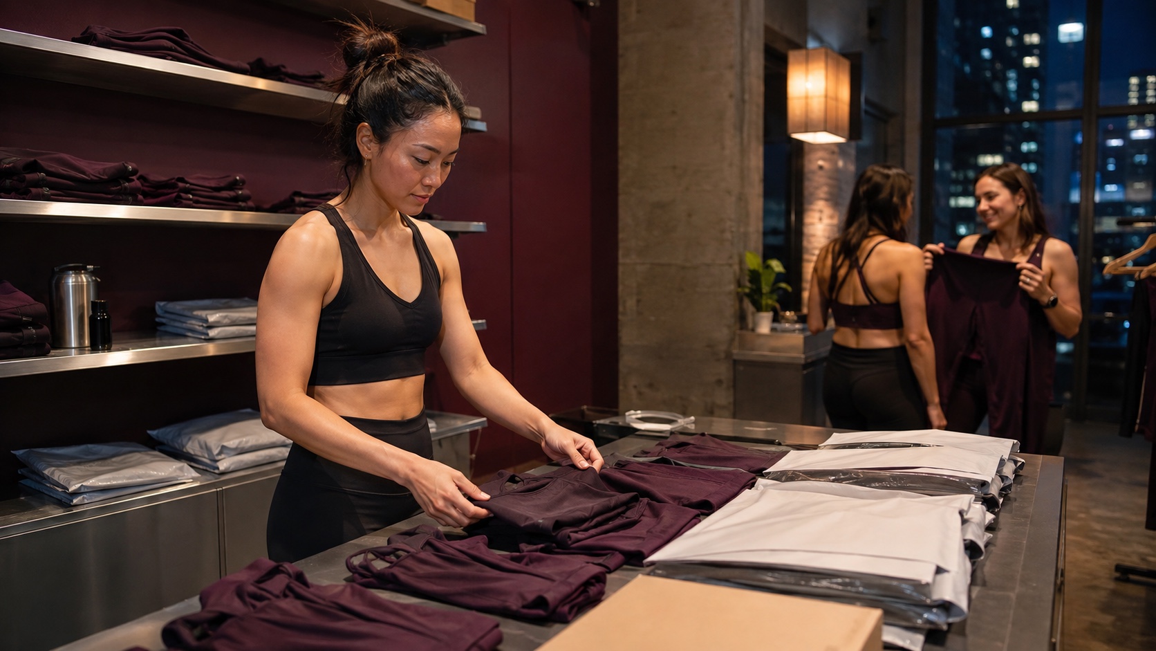 Fitness instructor organising a small one-colour activewear micro-capsule with size reservations