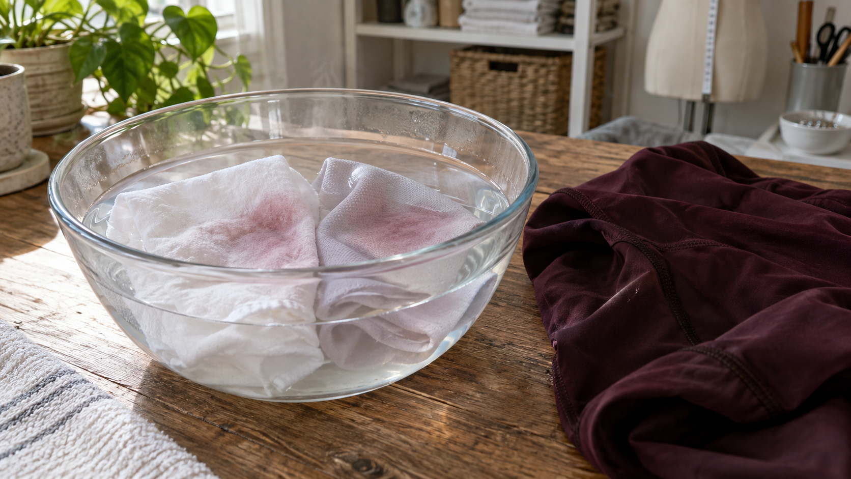 White cloth showing visible dye transfer beside an activewear swatch after a practical soak check