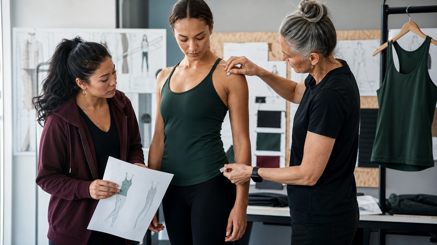 Founder and sample developer reviewing a fit adjustment during custom activewear development