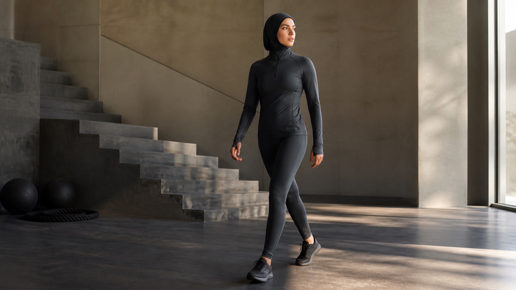 Adult athlete moving through a modern training studio in full-coverage activewear