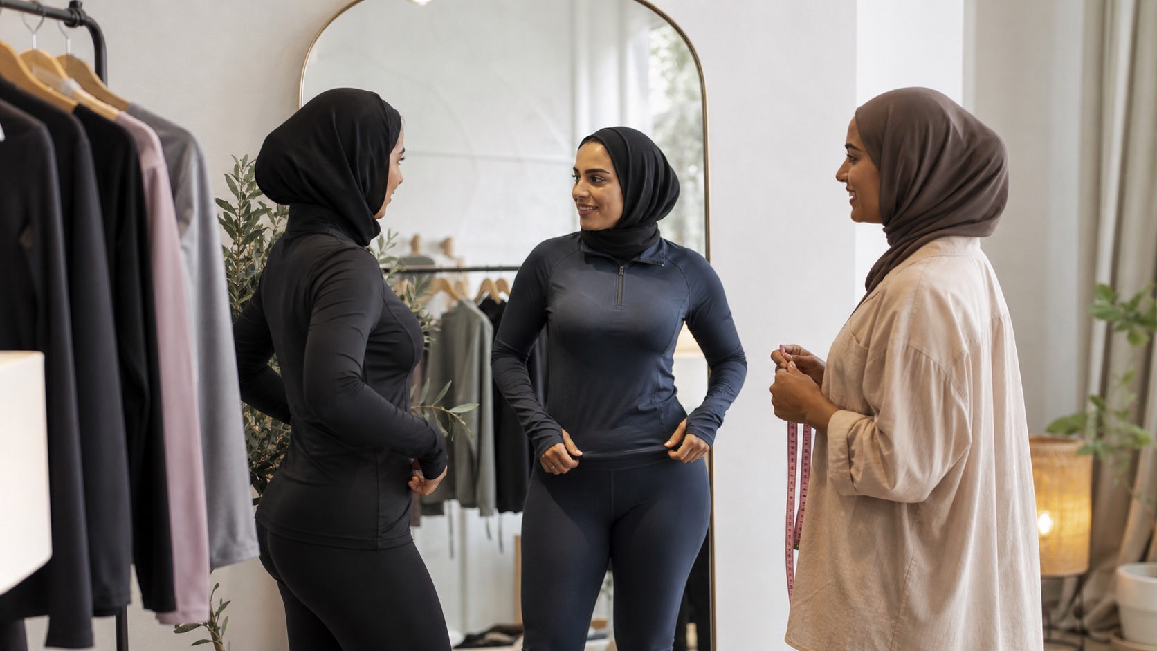 Two adult women giving fit feedback during an activewear try-on session