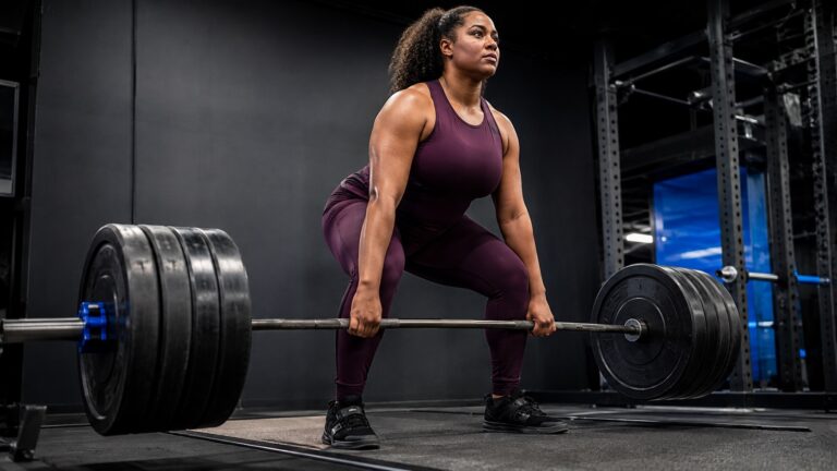 Fuller bust athlete wearing a longline strength tank during a deadlift in a modern gym