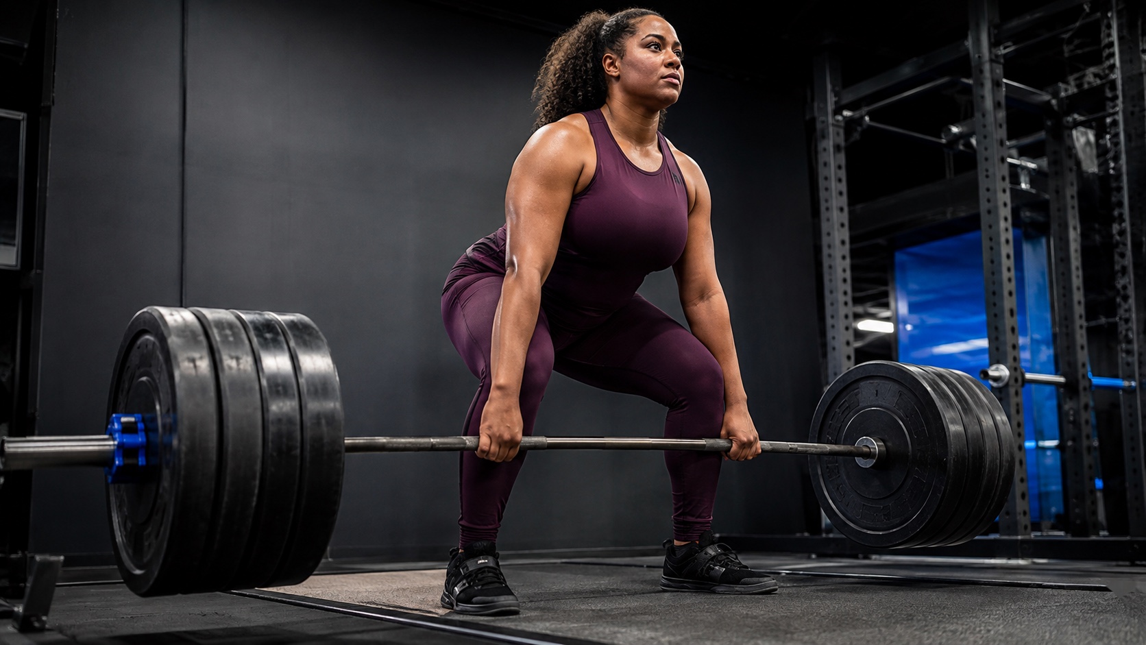 Fuller bust athlete wearing a longline strength tank during a deadlift in a modern gym