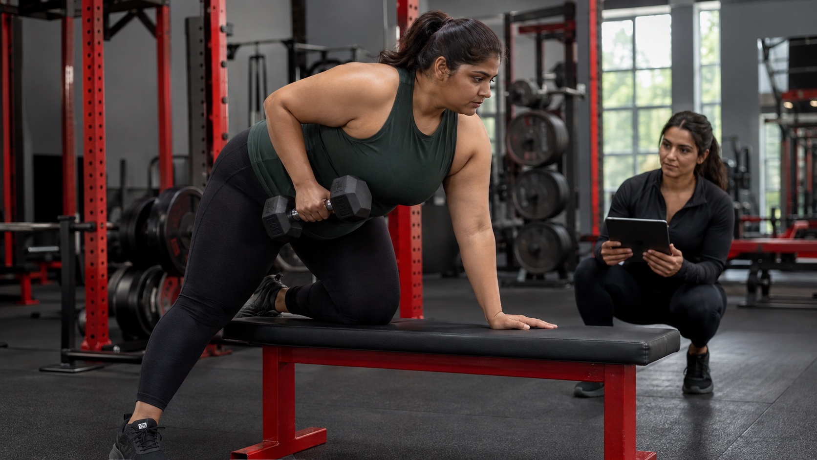 Fuller bust athlete testing a longline strength tank during rows and bench work