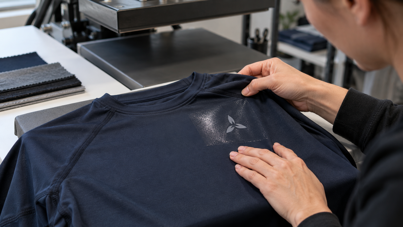 Technician checking a glossy heat press mark around an activewear logo