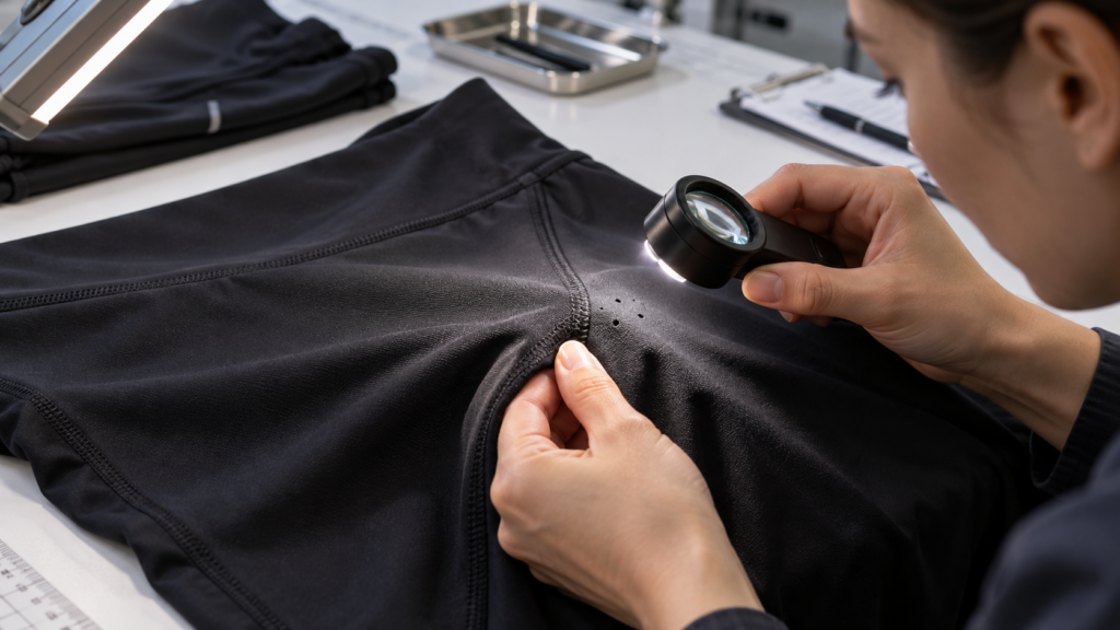 Small holes in activewear fabric inspected near a seam