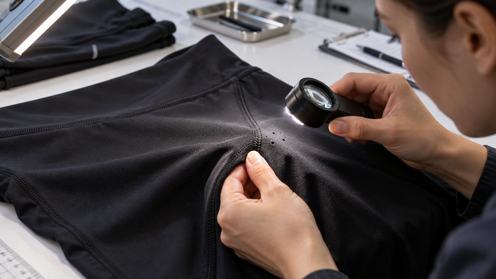 Small holes in activewear fabric inspected near a seam