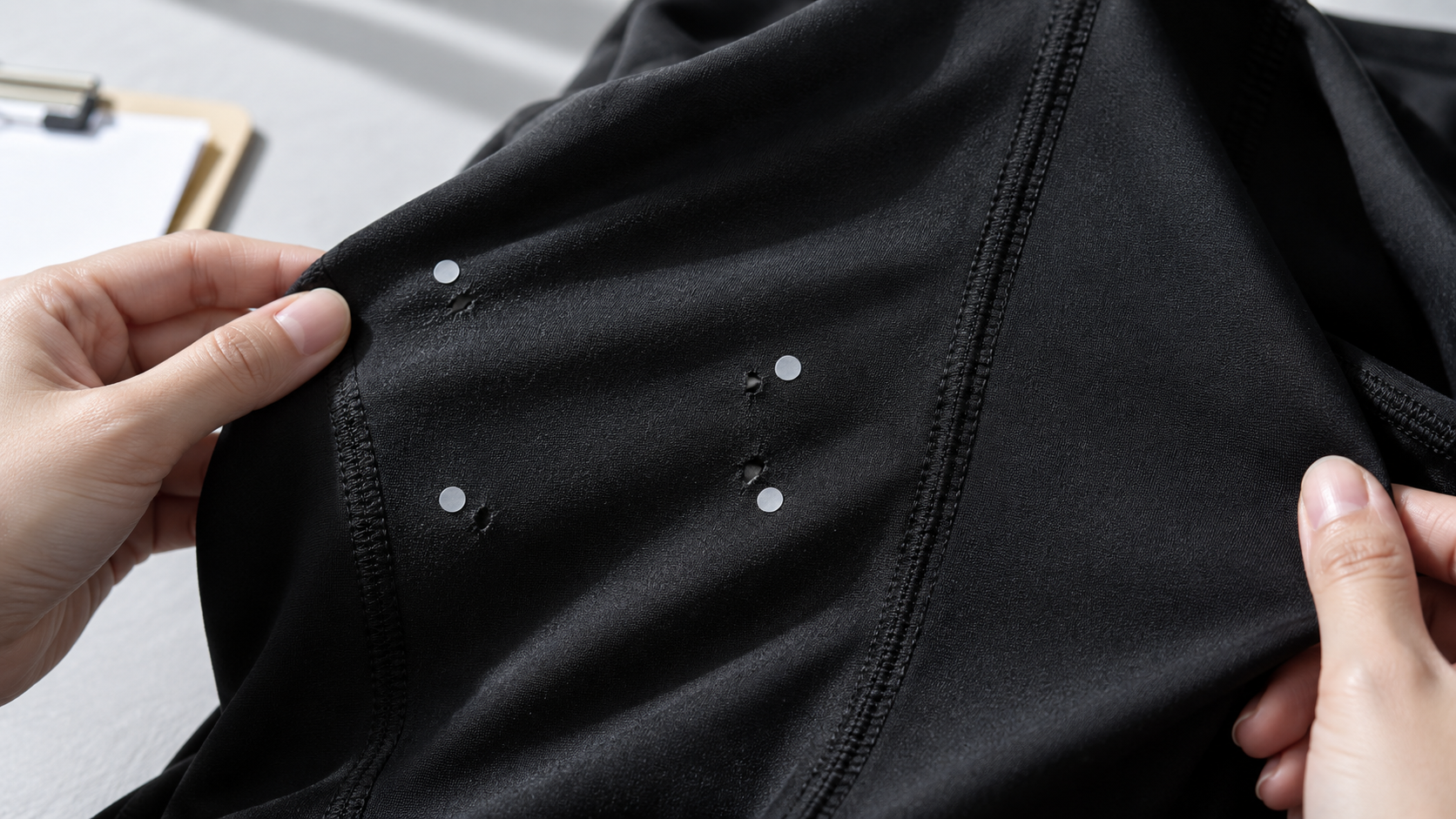 Small holes in activewear fabric mapped beside a seam during a quality inspection
